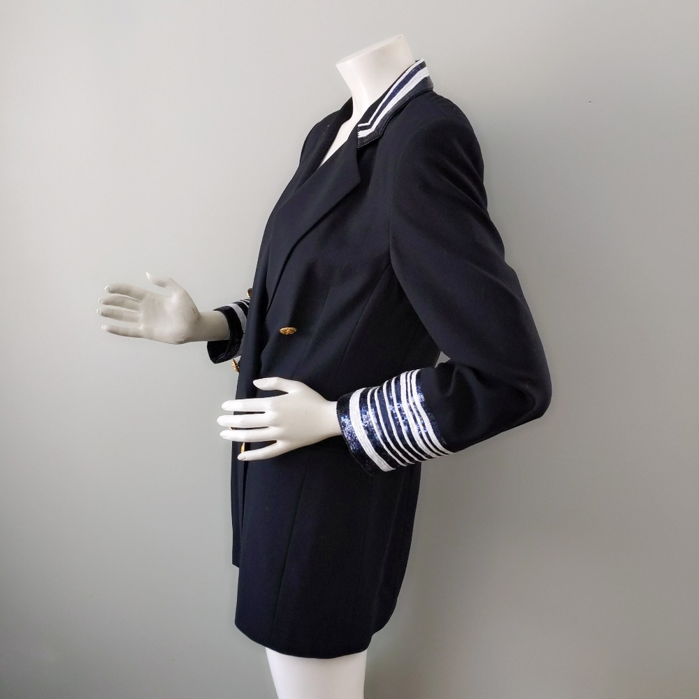 Vtg 80s Escada Sequin Collar Cuff Naval Blazer 38 - Picture 4 of 8